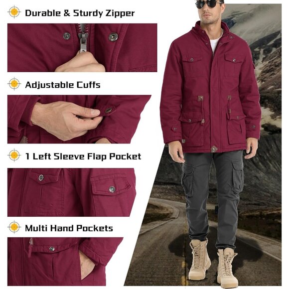 Mens Wine Red Thick Winter Jacket Hooded Fleece Lined Cotton Military Coat - Picture 4 of 6